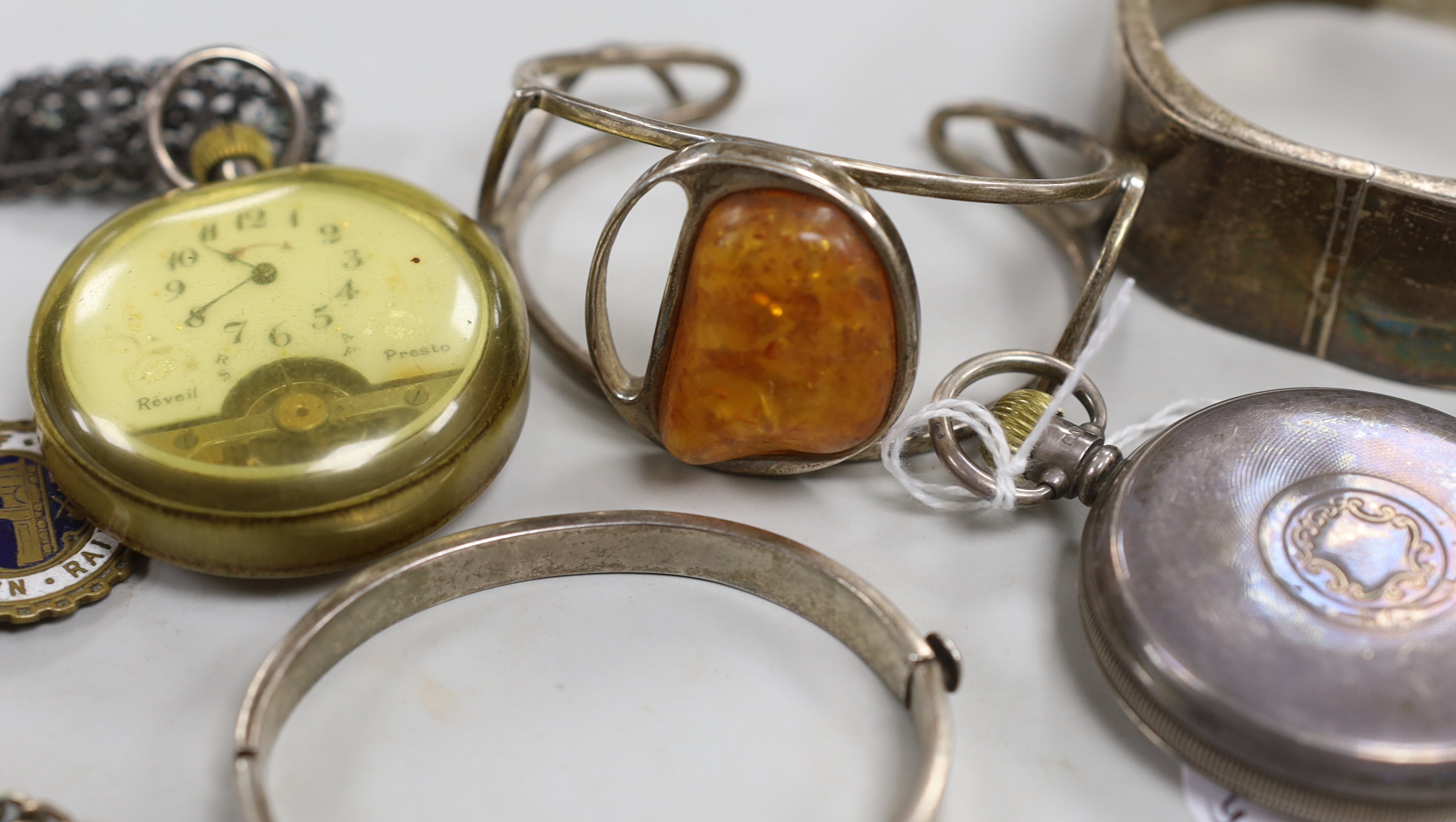 Three assorted pocket watches including silver Record and small quantity of mainly silver or white metal jewellery including an albert hung with a large Sampson Mordan & Co silver cased propelling pencil.